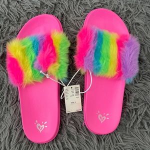 NEW Neon Rainbow Faux Fur Slide Sandals - Justice